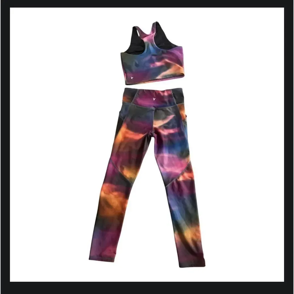 Old Navy Active PowerSoft Girls Large 10-12 High-Rise Tie Dye Leggings & Top Bra